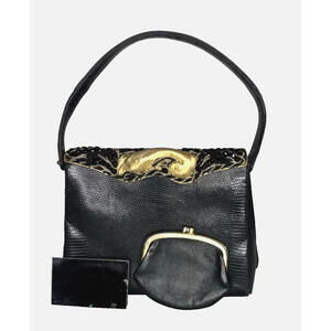 Vtg 50's Saks Fifth Avenue France Bk Reptile Leather Jeweled Top Handbag Purse